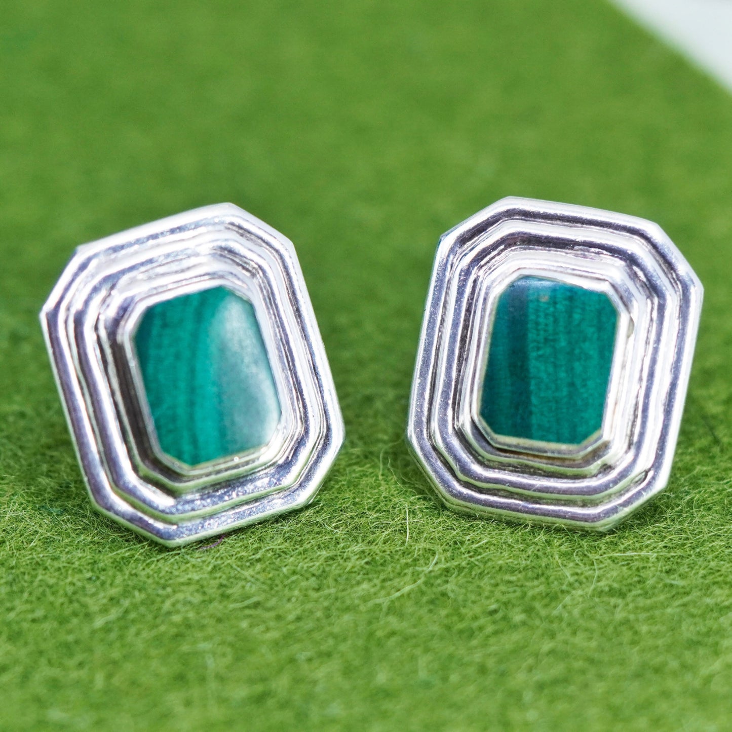 Vintage Mexico sterling silver handmade malachite earrings, 925 studs