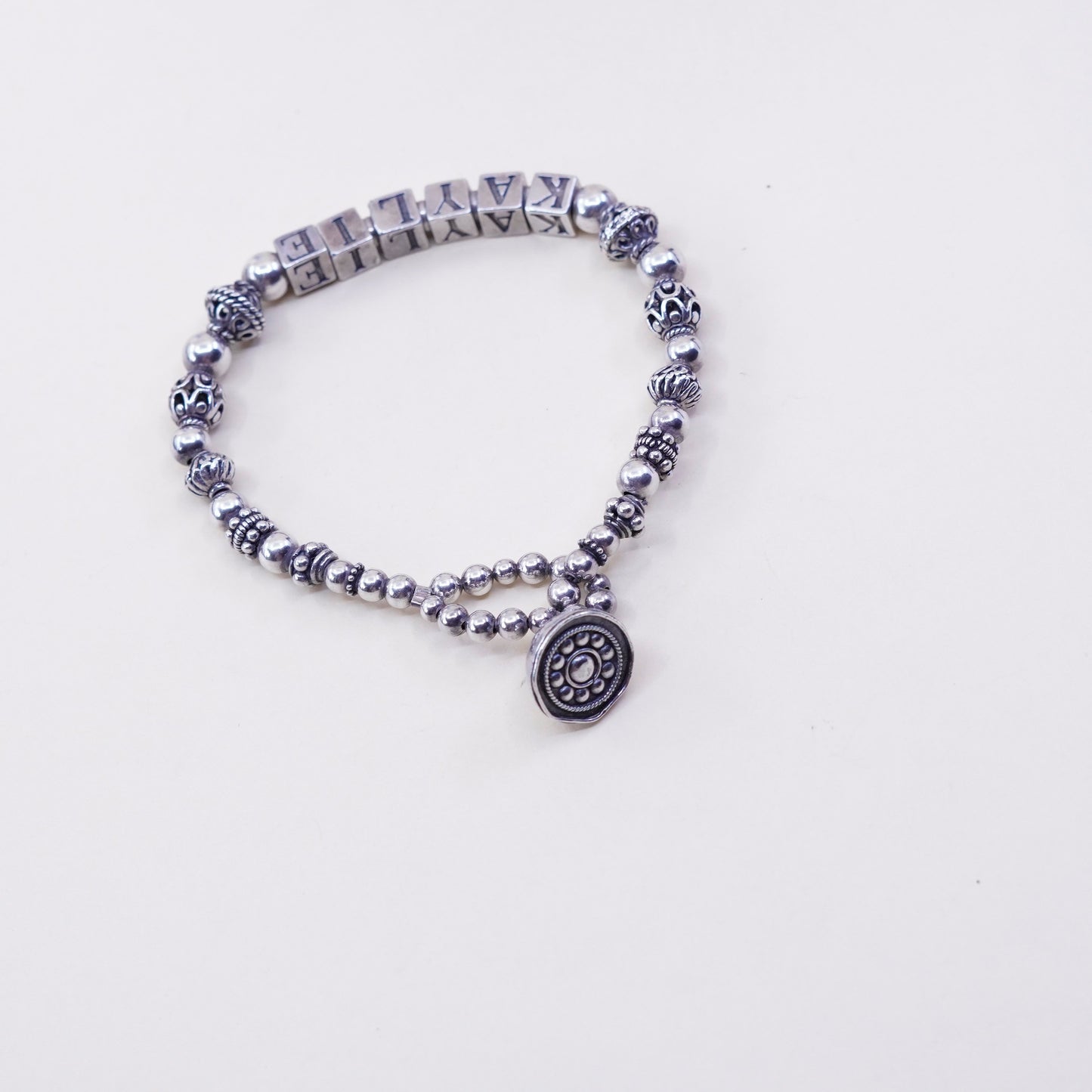 6.75”, Sterling 925 Silver filigree beads bracelet with name “Kaylie” cubes
