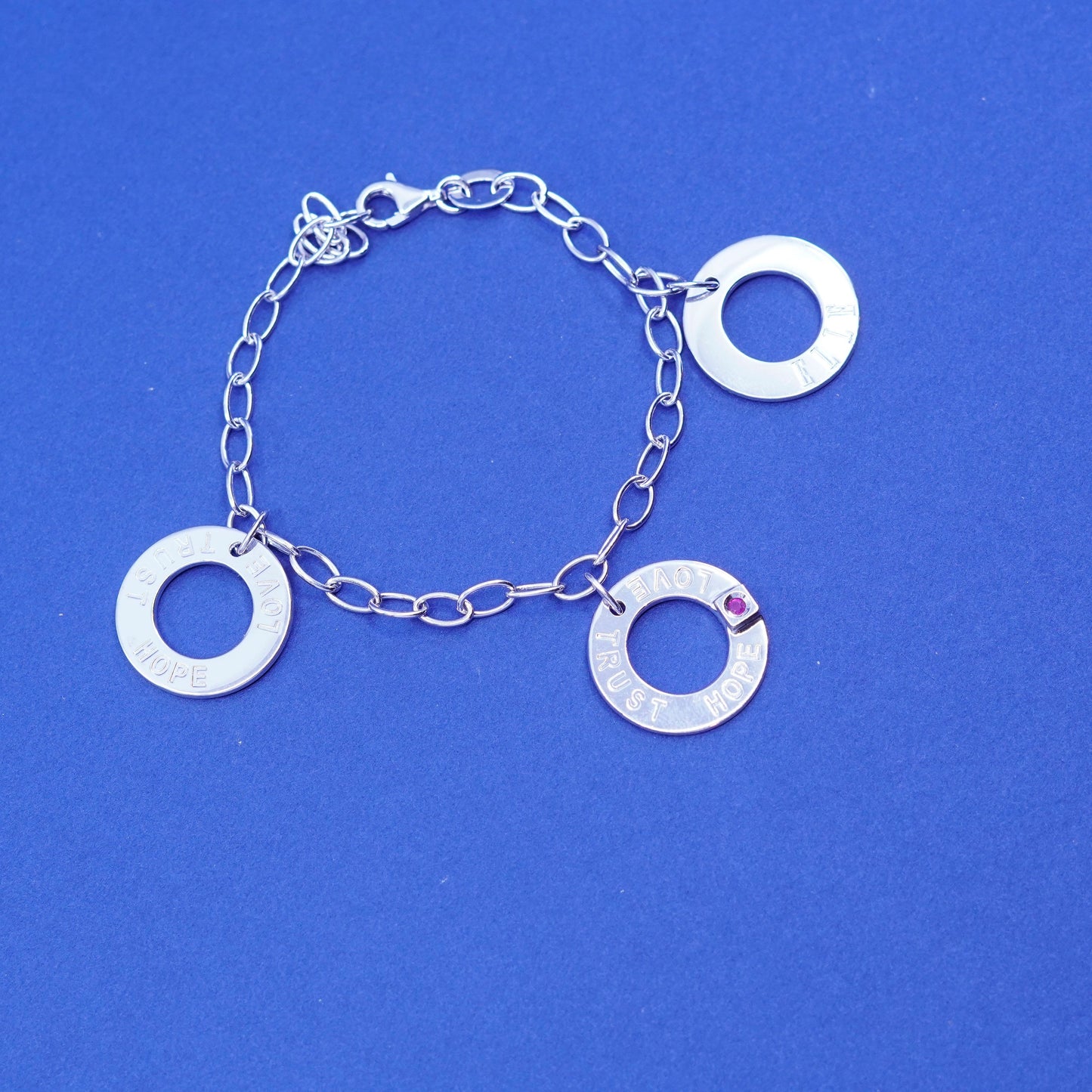 6.5”, Elle Sterling silver handmade bracelet, 925 chain circle tag charms ruby