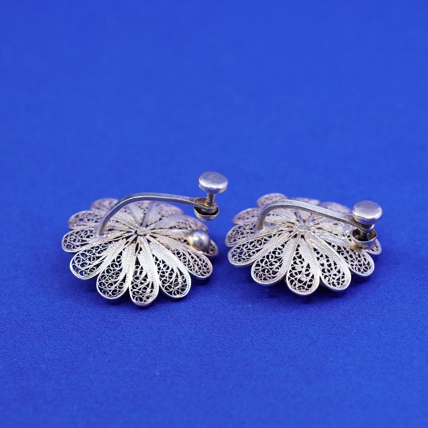 vtg gold Sterling silver handmade earrings, filigree 925 flower screw back