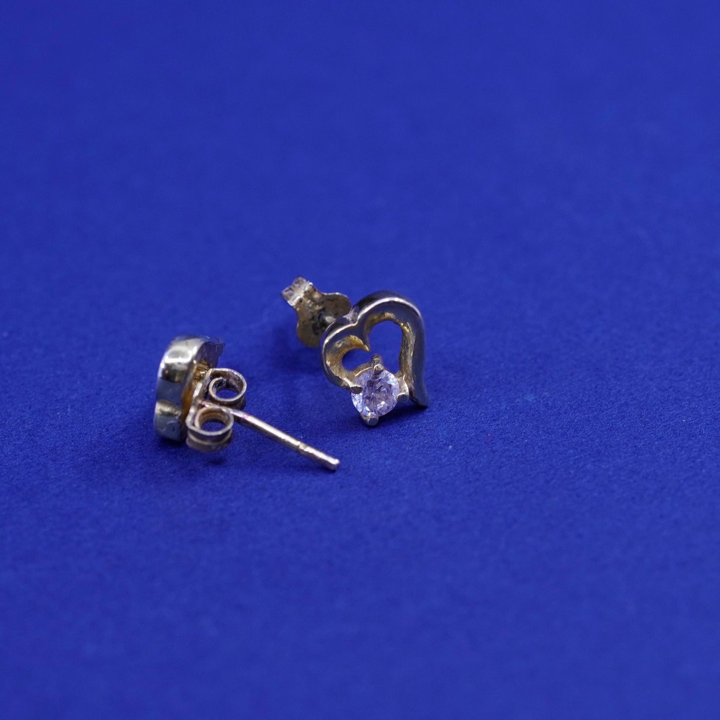 Vintage vermeil gold over Sterling silver handmade earrings, 925 heart studs cz
