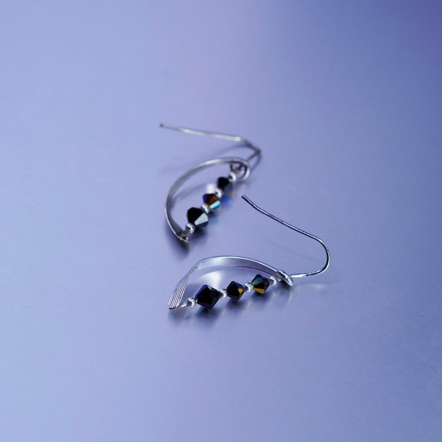 Vintage Sterling 925 silver handmade wavy earrings with crystal