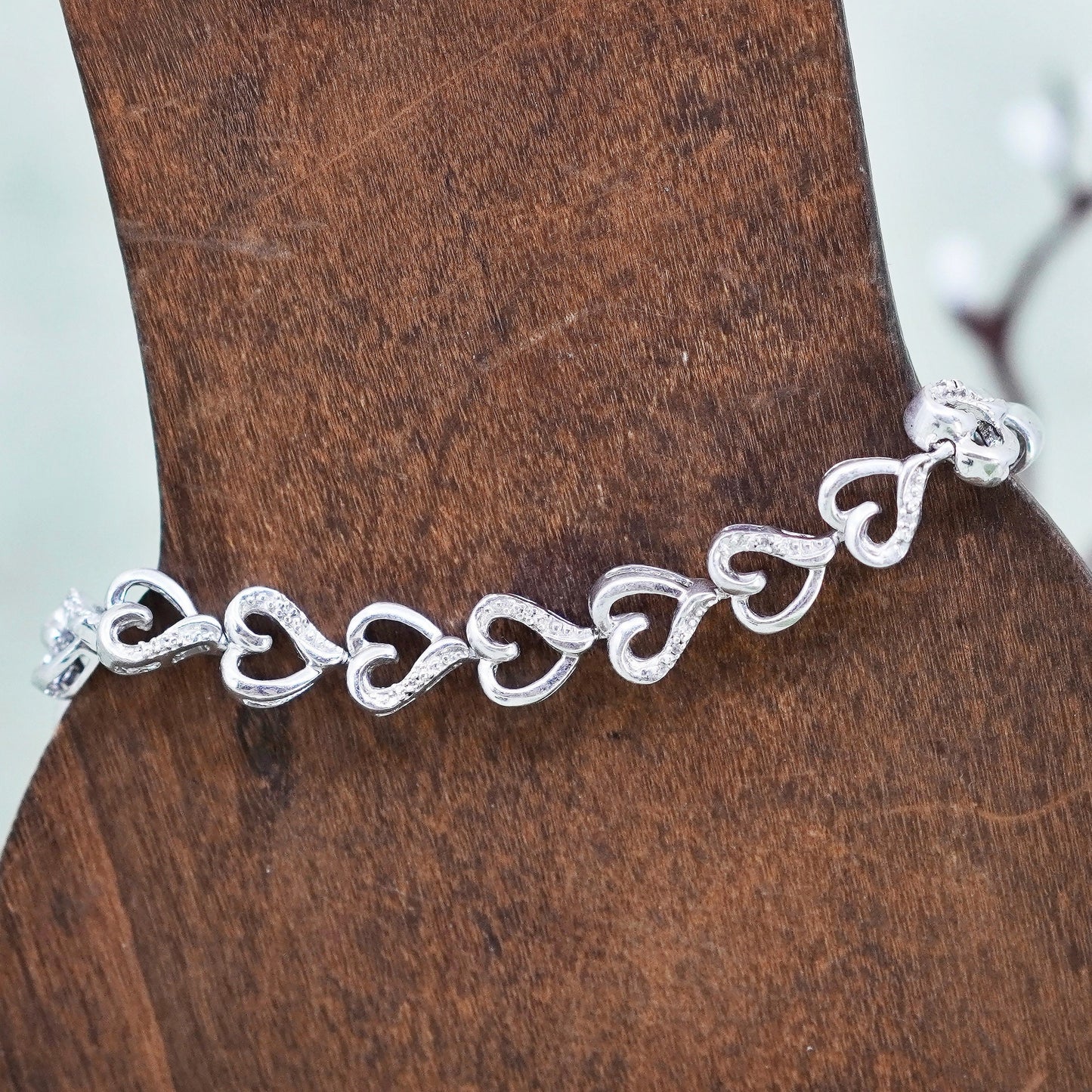 7.25”, Vintage sterling silver heart chain, 925 bracelet with diamond inlay