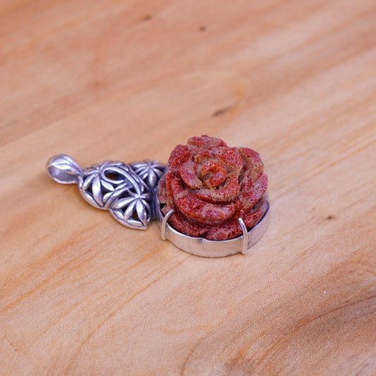 Vintage Sterling 925 silver handmade pendant with flower red coral