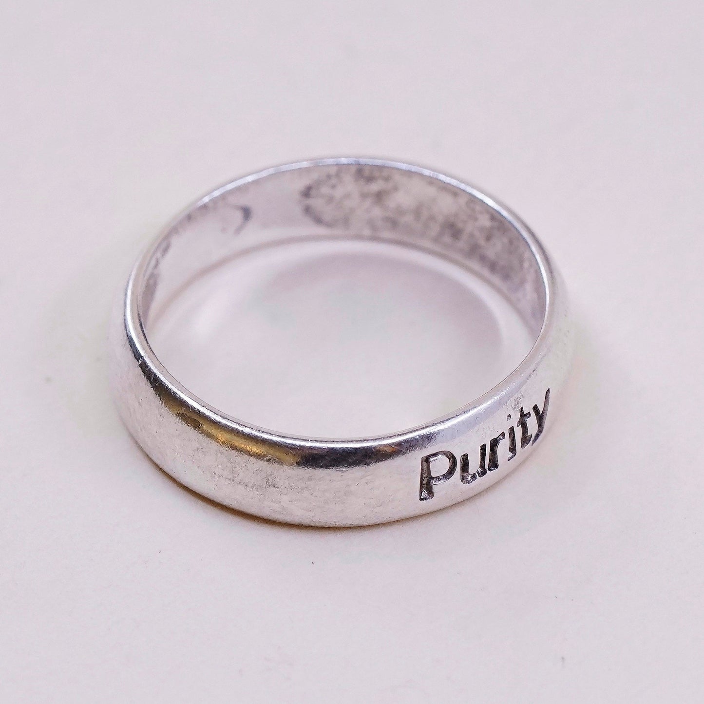 sz 7, vtg BSD sterling silver handmade ring, 925 prayer band, engraved “purity”