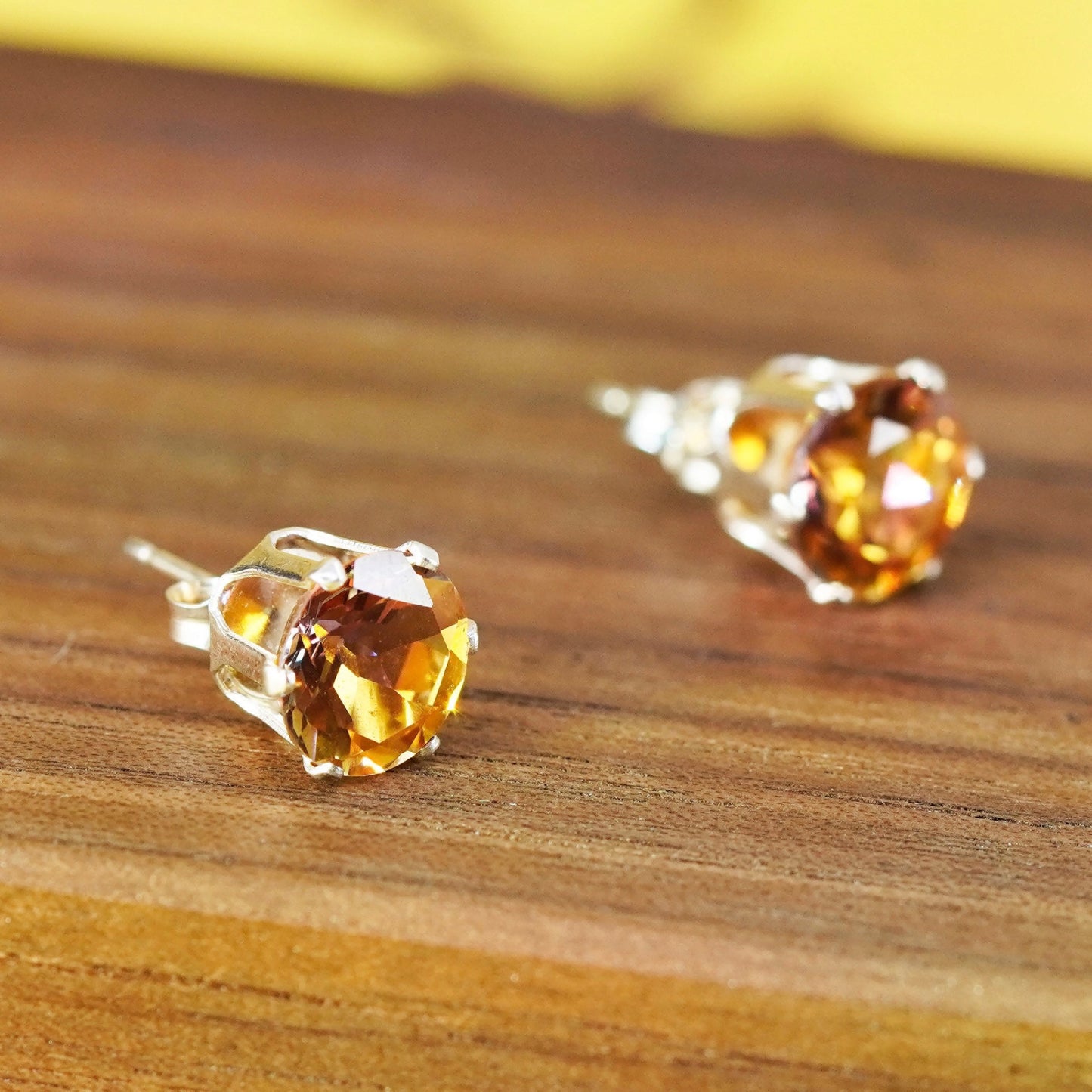 9mm, Vintage Sterling silver handmade earrings, 925 studs with citrine