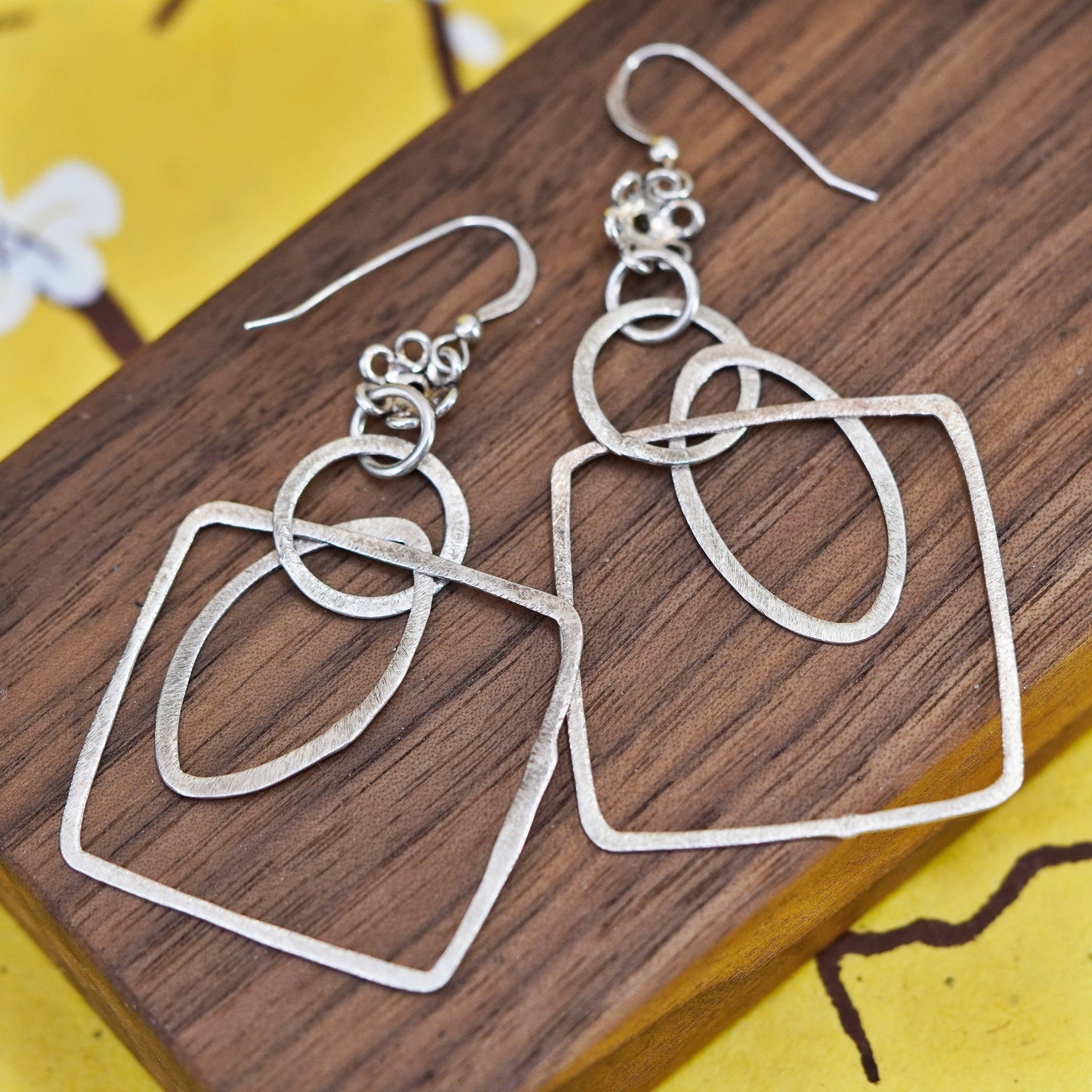Vintage Sterling silver handmade earrings, matte 925 multi square dangle