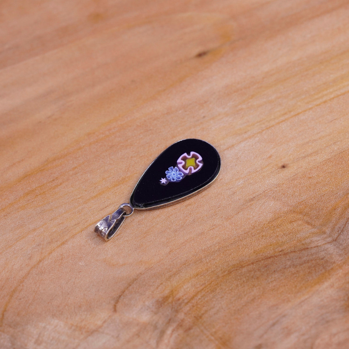 vtg handmade Sterling silver multicolor pendant, Murano teardrop glass pendant