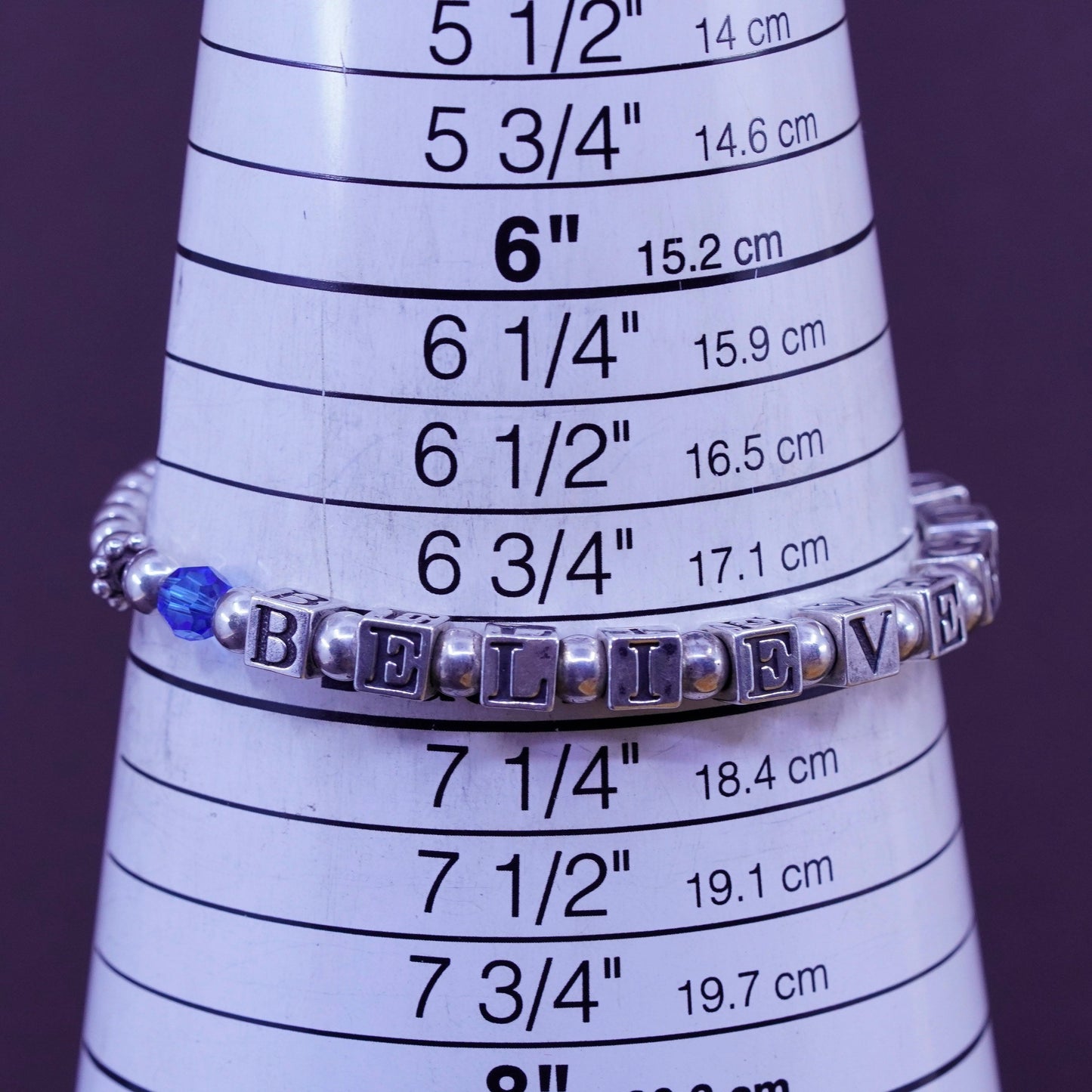 7”, Sterling 925 silver bracelet amethyst beads “believe god” cubes cross charm