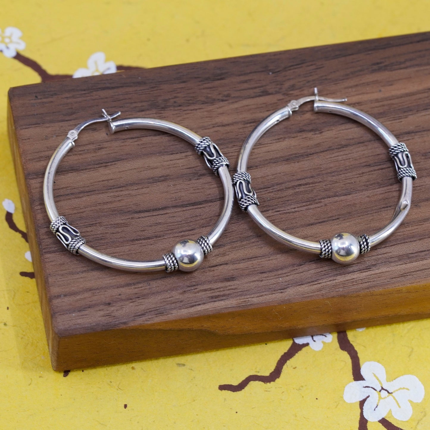 1.75”, vintage Sterling silver handmade earrings, huge Bali 925 hoops