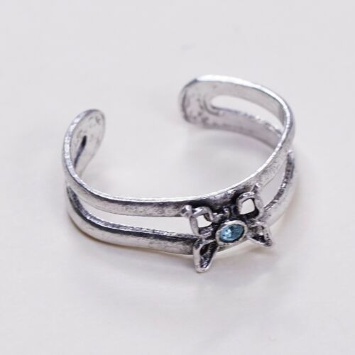 Sz 3.5, Vtg Sterling Silver Butterfly Ring W/ Blue Cz, Open Band, Silver Tested