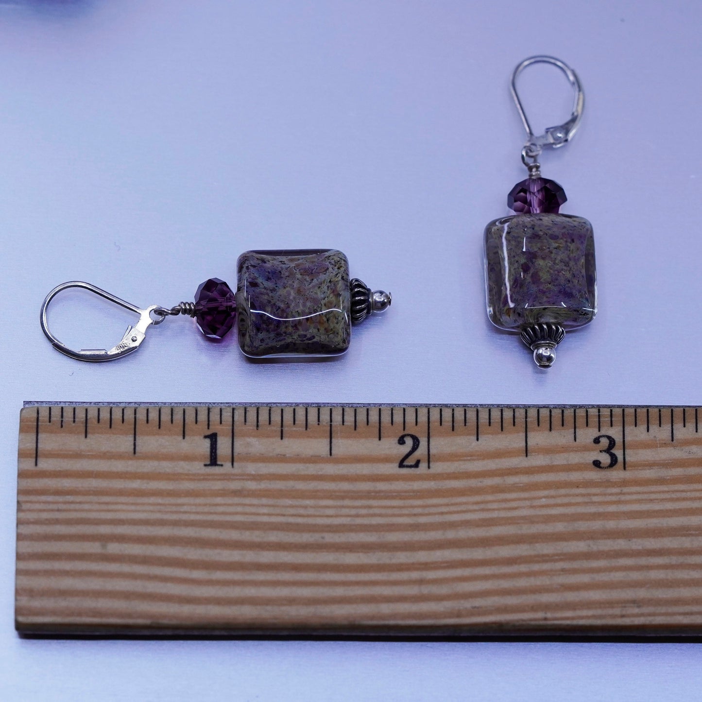 Vintage Sterling 925 silver earrings with artisan glass and purple beads