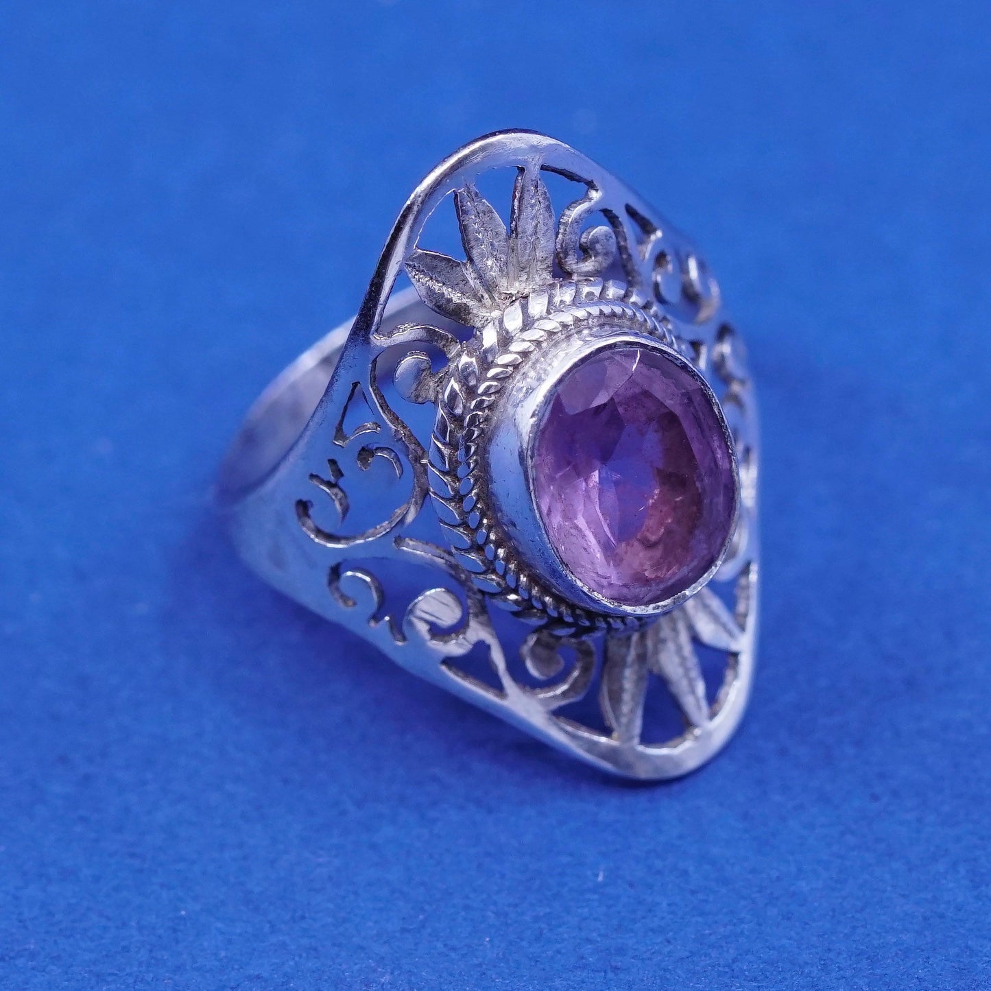 Size 6 Vintage Sterling 925 silver filigree handmade ring with amethyst