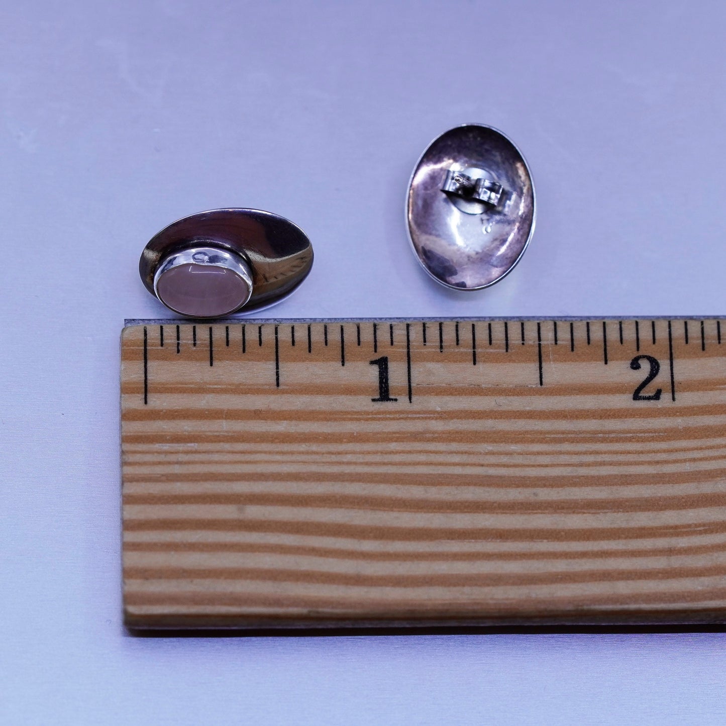 Vintage Sterling 925 silver earrings, oval studs with pink rose quartz