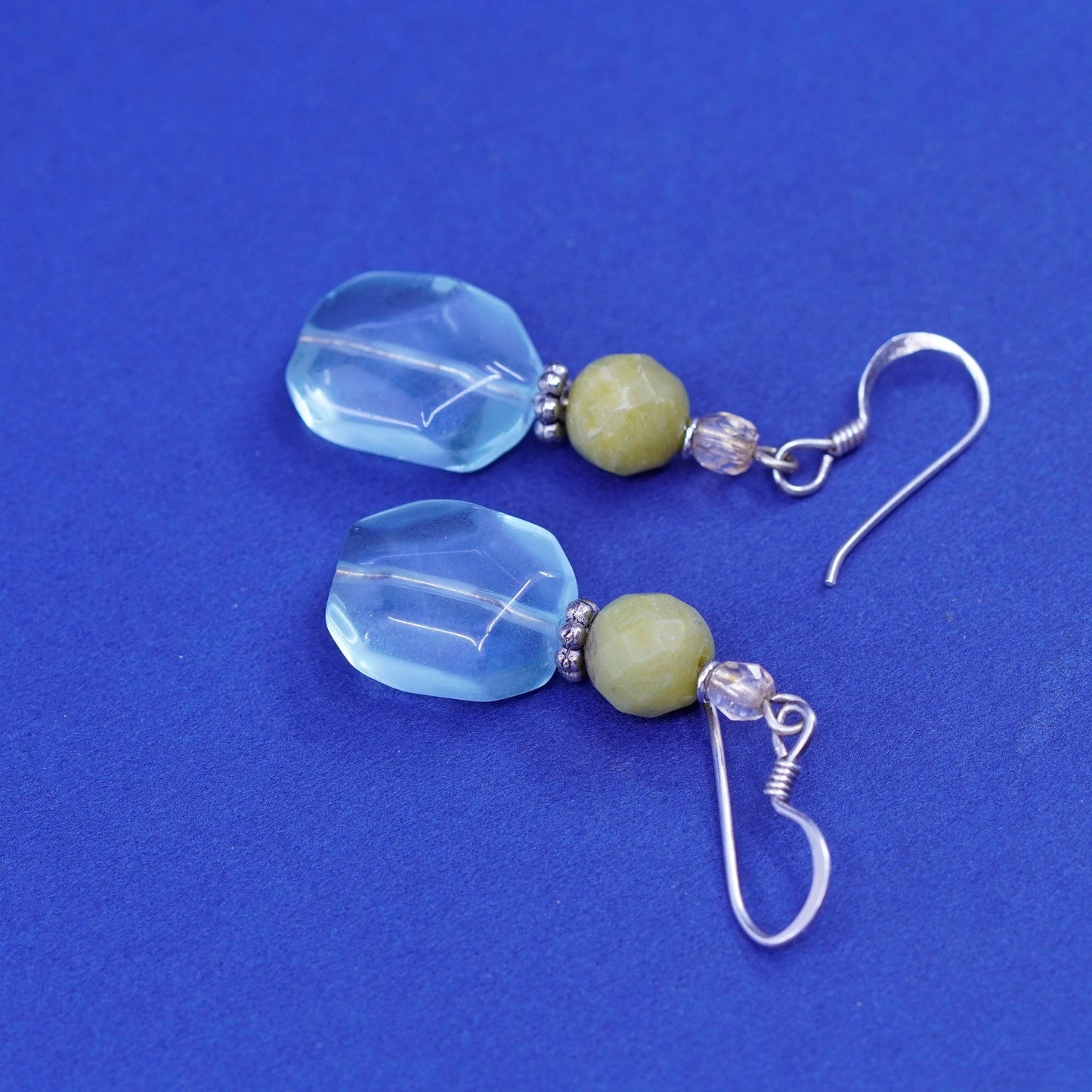 Vintage Sterling 925 silver handmade earrings with blue crystal and jade bead