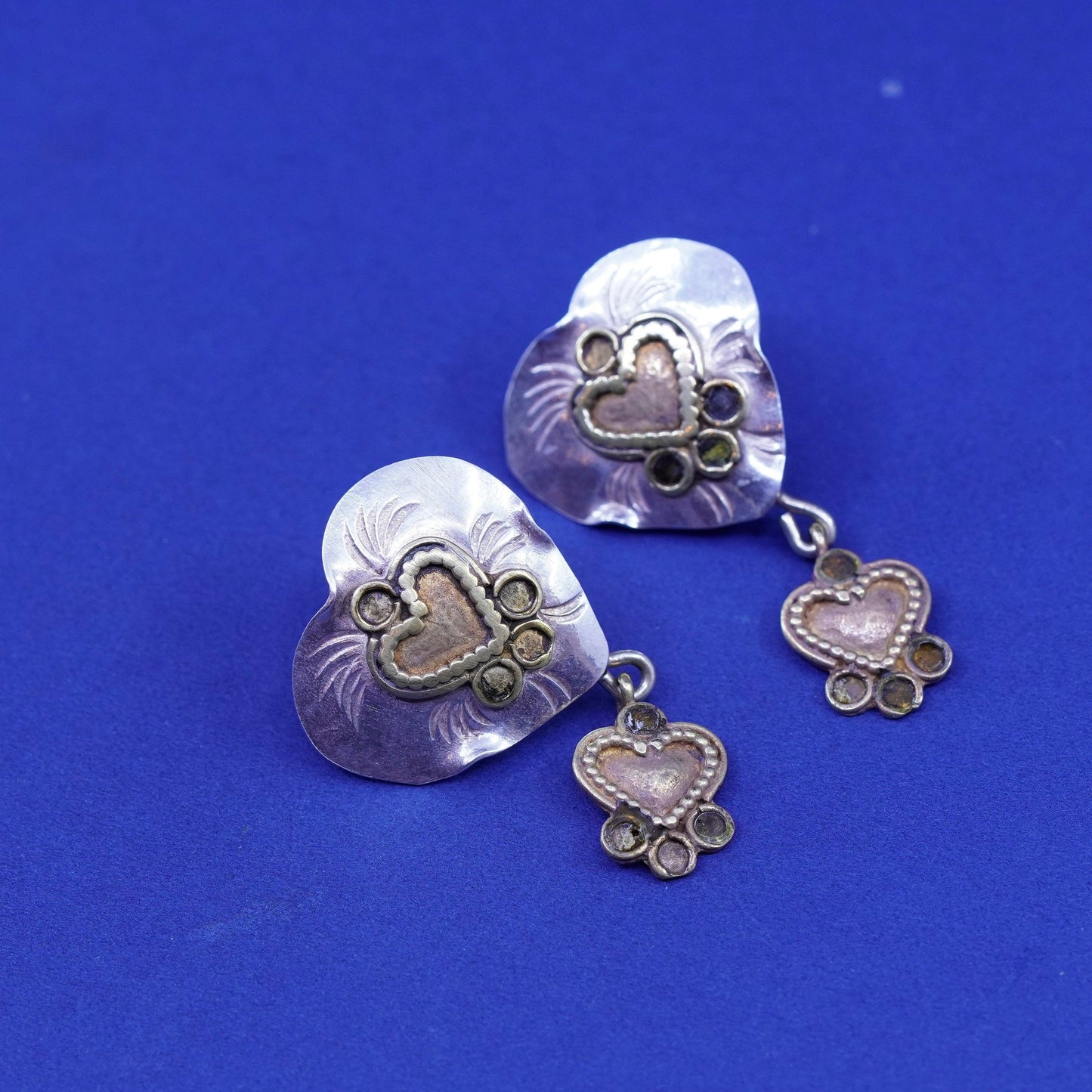 two tone Sterling silver handmade earrings, 925 heart studs brass trim dangle