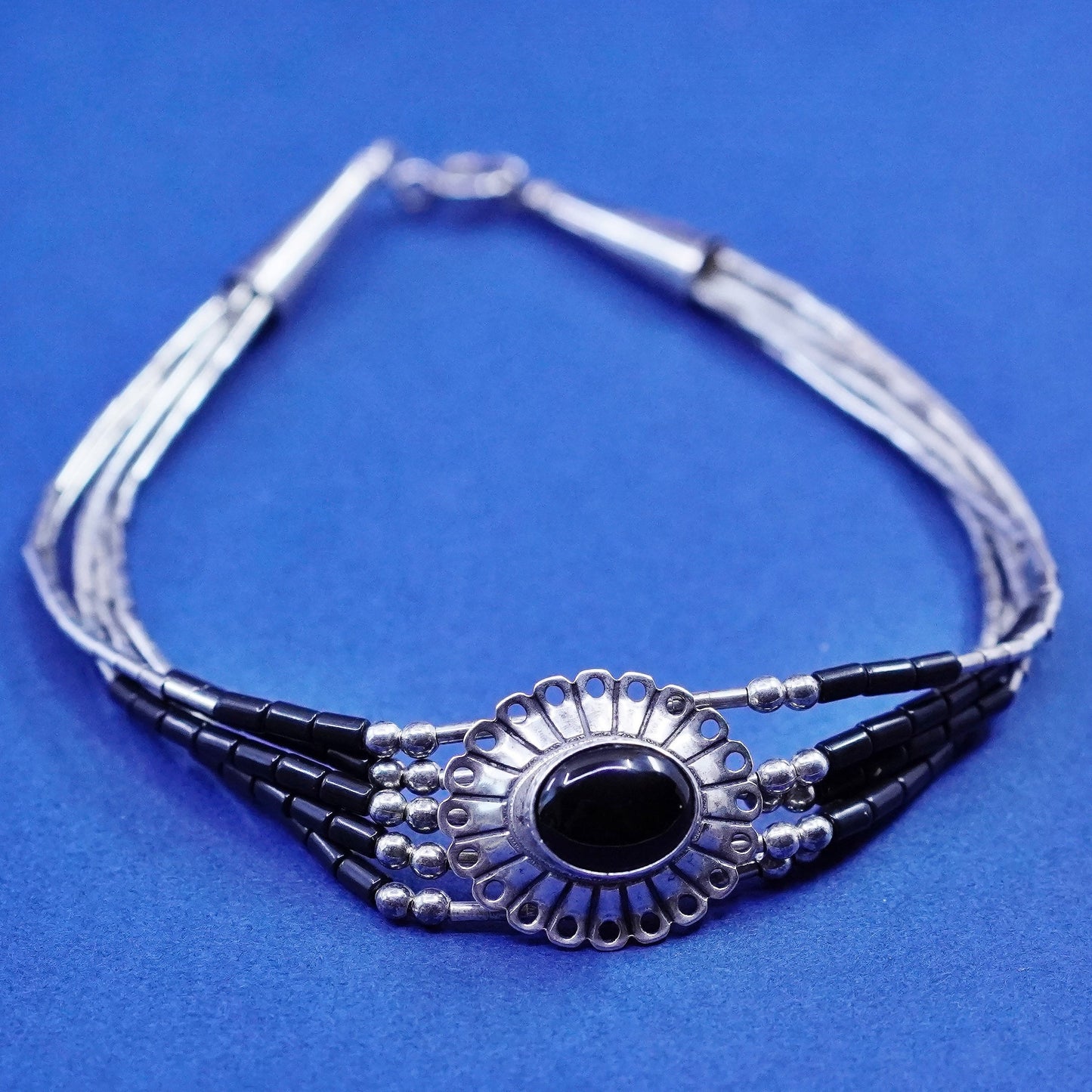 7”, vintage sterling handmade bracelet, 925 liquid silver chain with obsidian