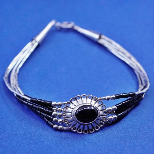 7”, vintage sterling handmade bracelet, 925 liquid silver chain with obsidian