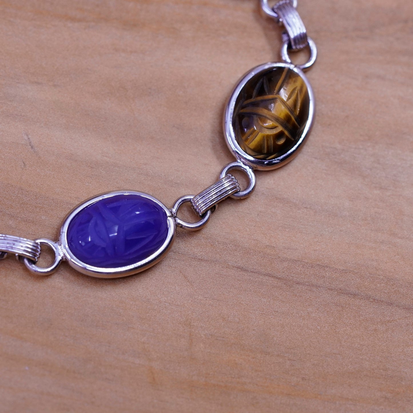 7.25”, sterling 925 silver carved bracelet golden tiger eye jasper carnelian