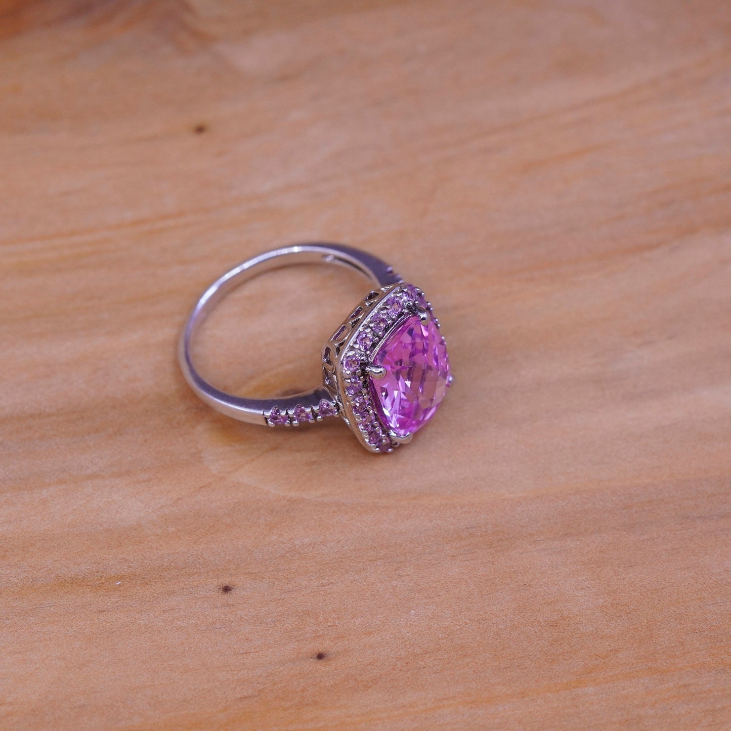 Size 8.5, vintage Sterling 925 silver handmade cocktail ring with pink crystal