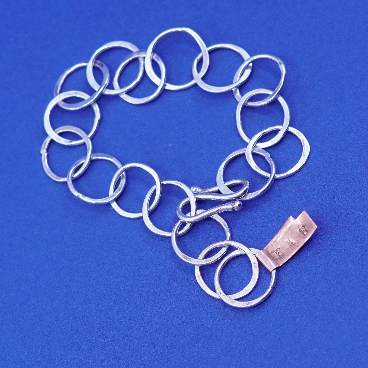 Adjustable”, Sterling silver handmade bracelet, 925 bold flatten circle chain