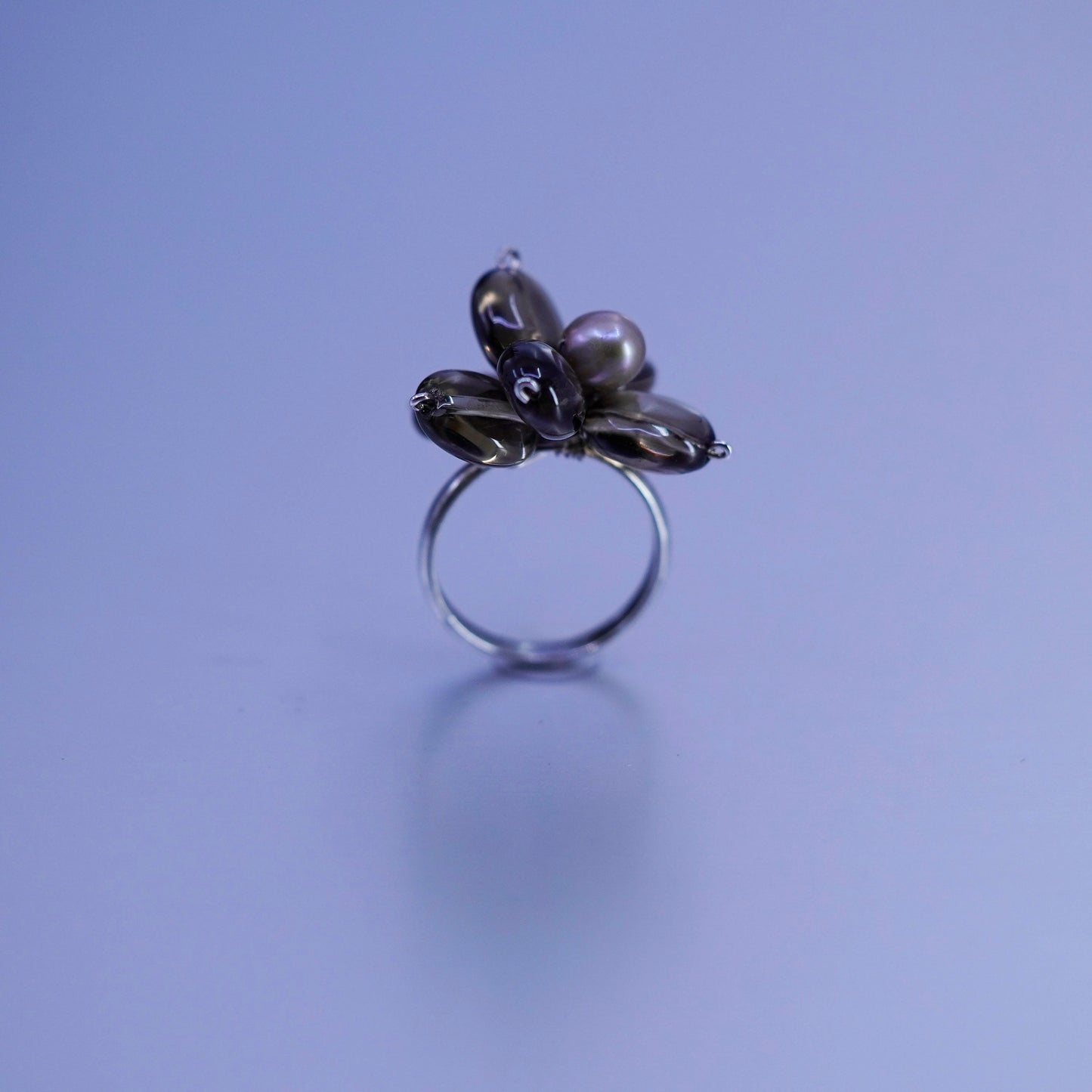 Size 7, vintage Sterling 925 silver handmade ring with pearl and smoky quartz