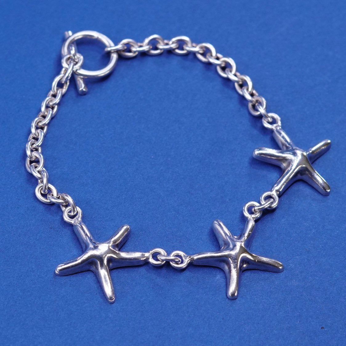 7", 4mm, vtg Sterling silver bracelet, 925 bold circle chain w/ starfish charm