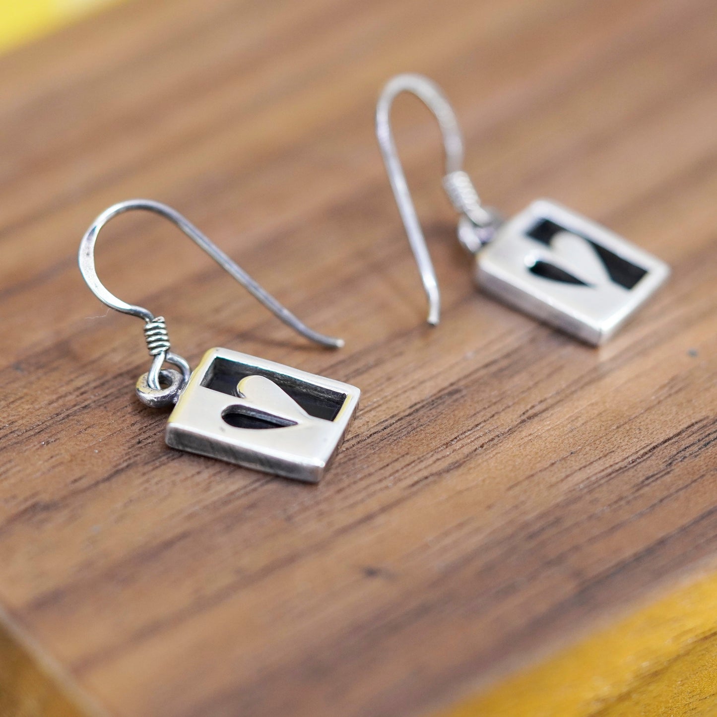 Vintage Sterling 925 silver handmade earrings with heart and obsidian