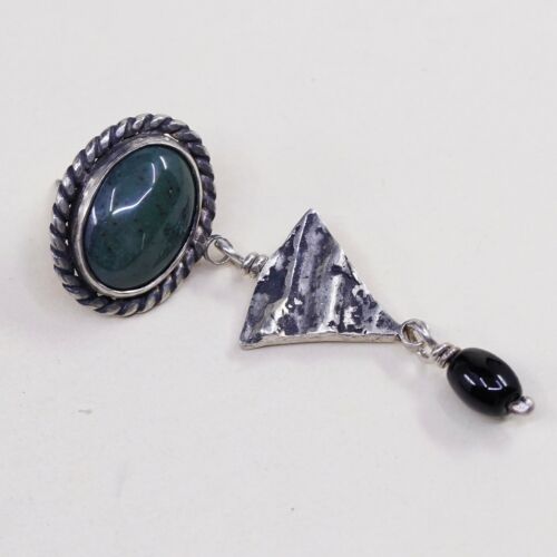 Vtg Amazing handmade Sterling 925 Silver earrings, 925 W/ Jade N Obsidian Dangle