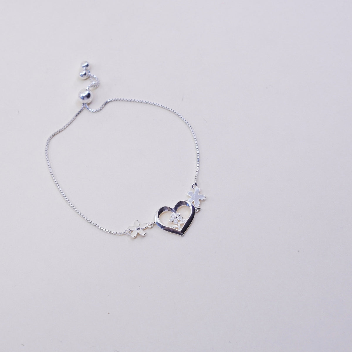 Size adjustable, sterling silver bracelet, fine 925 box chain w/ heart N flower