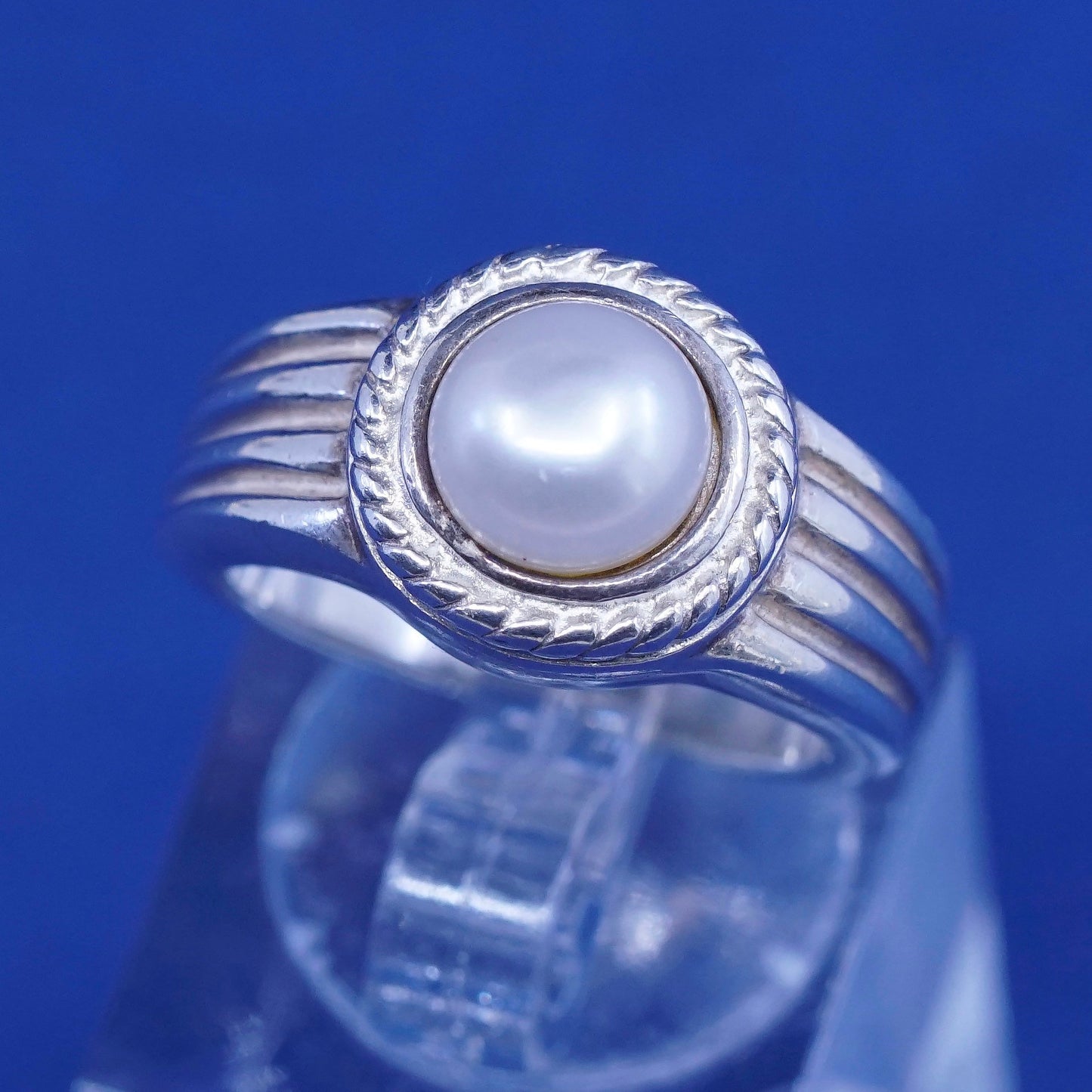 sz 5.75, vtg sterling silver handmade ring, 925 Ribbed band w/ pearl