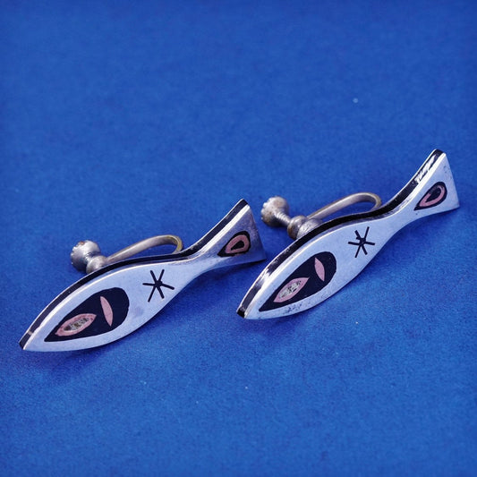 vtg NAB mexico Sterling silver screw back earrings, geometric 925 silver fish