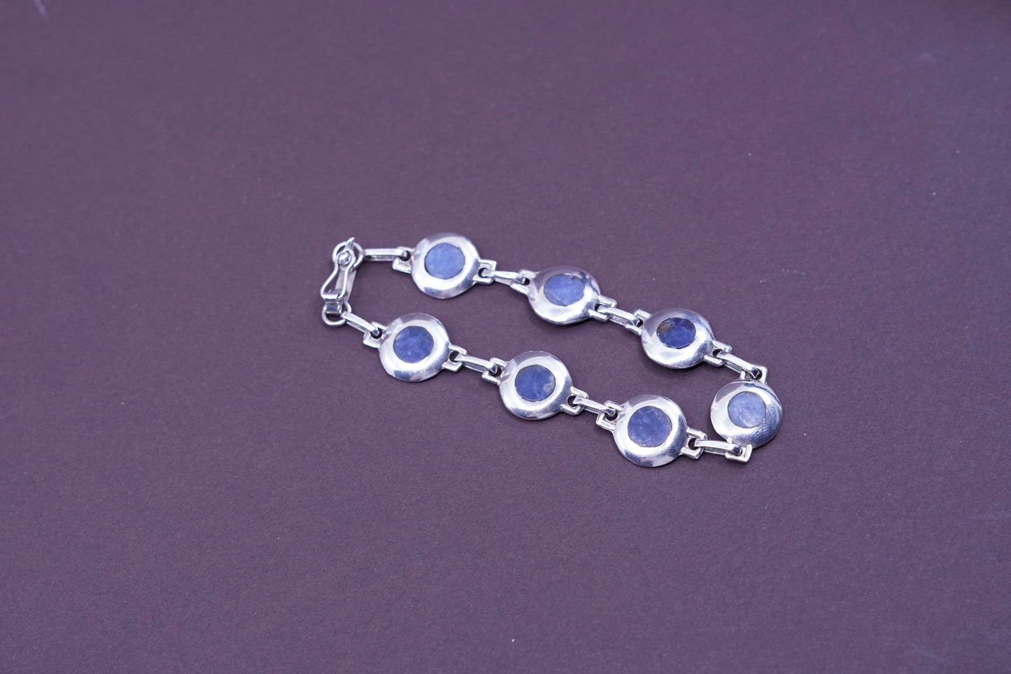 6.5”, vtg SW Sterling silver handmade bracelet, Mexico 950 disc with sodalite