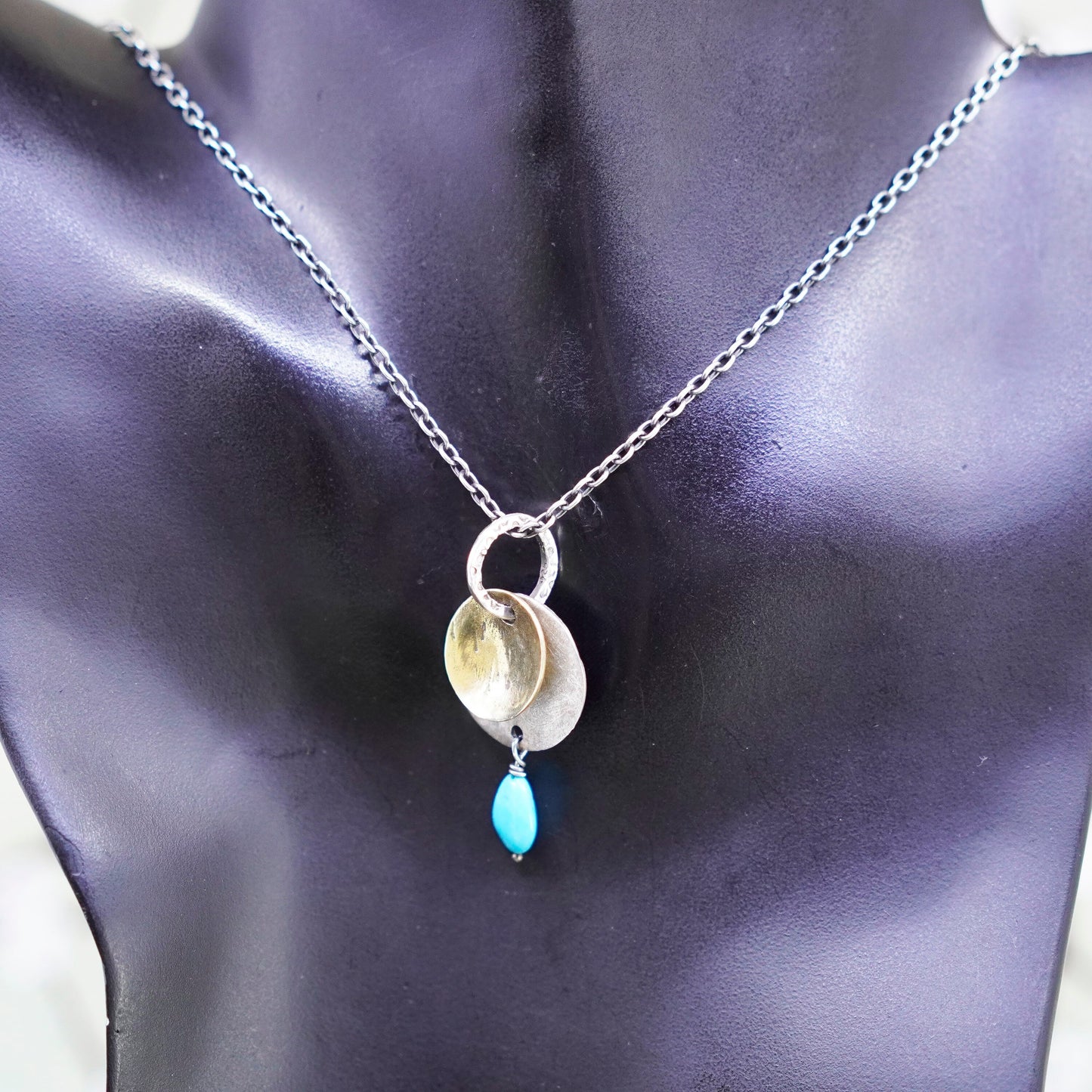 16+2”, Silpada 925 Sterling Silver necklace, Turquoise Brass Disc Pendant N1835