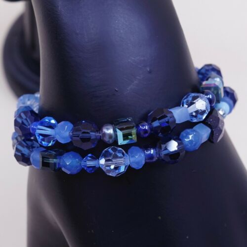 6.5”, Double Strands Sterling 925 Silver Handmade Bracelet, Blue Crystal beads