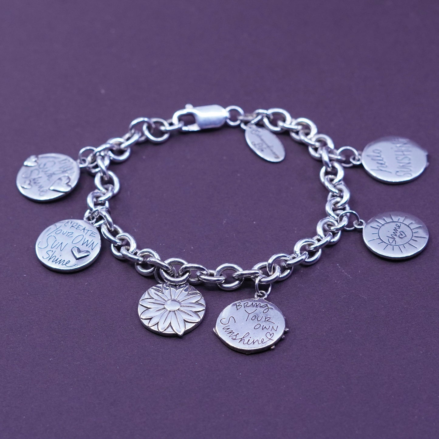 7”, vtg Sterling silver handmade bracelet, 925 bold circle chain with 6 charms