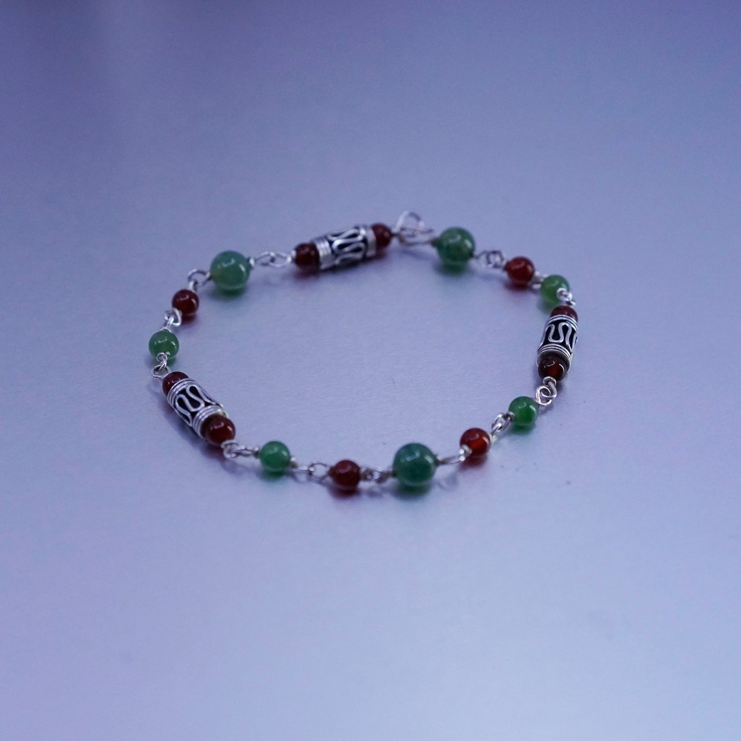 7”, vintage Sterling 925 silver bracelet with jade carnelian beads