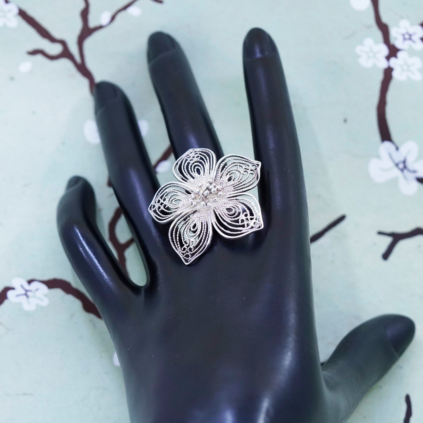 Size 8.5, vintage Sterling silver handmade ring, 925 filigree flower band
