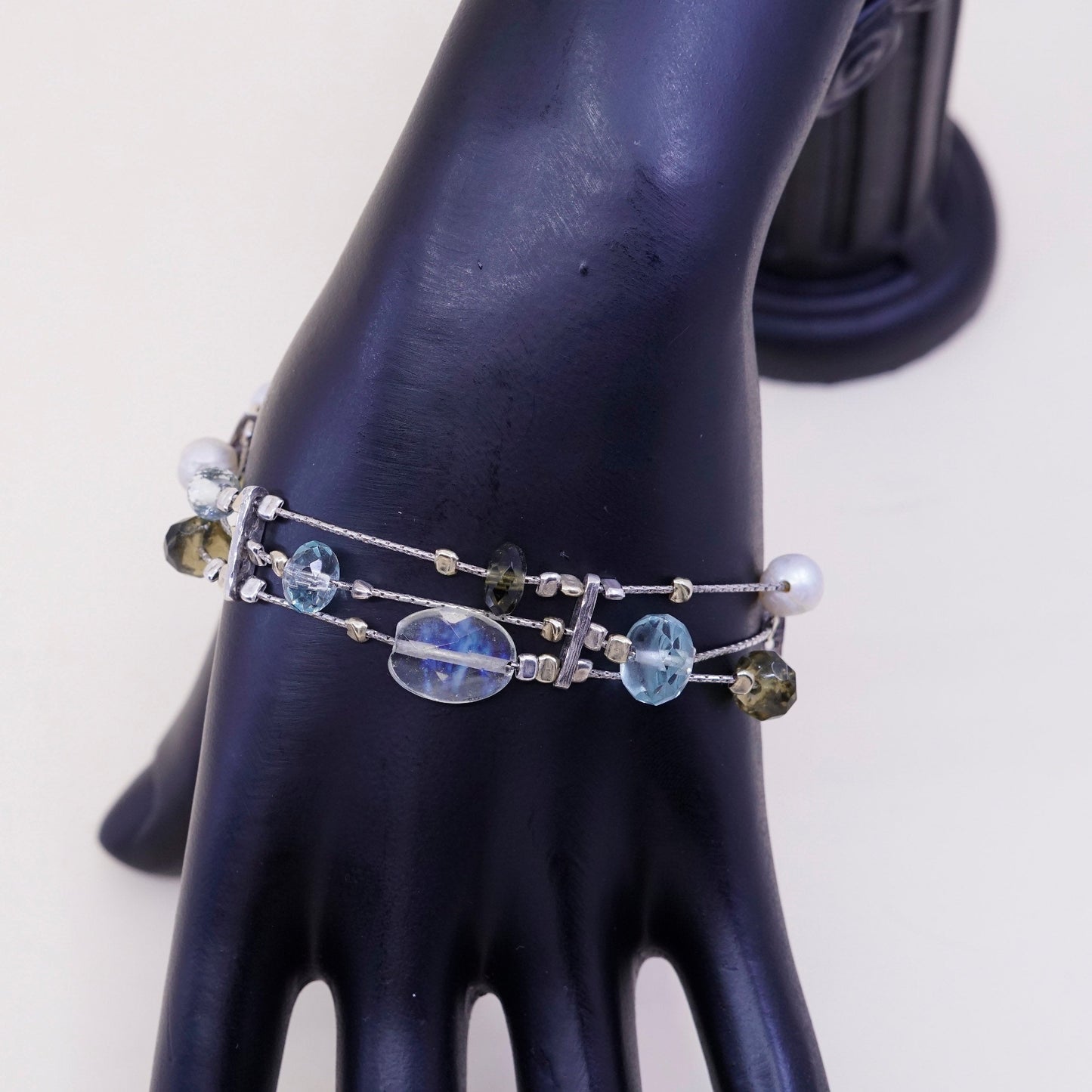 7”, Vintage Sterling 925 silver handmade bracelet, pearl with crystal topaz