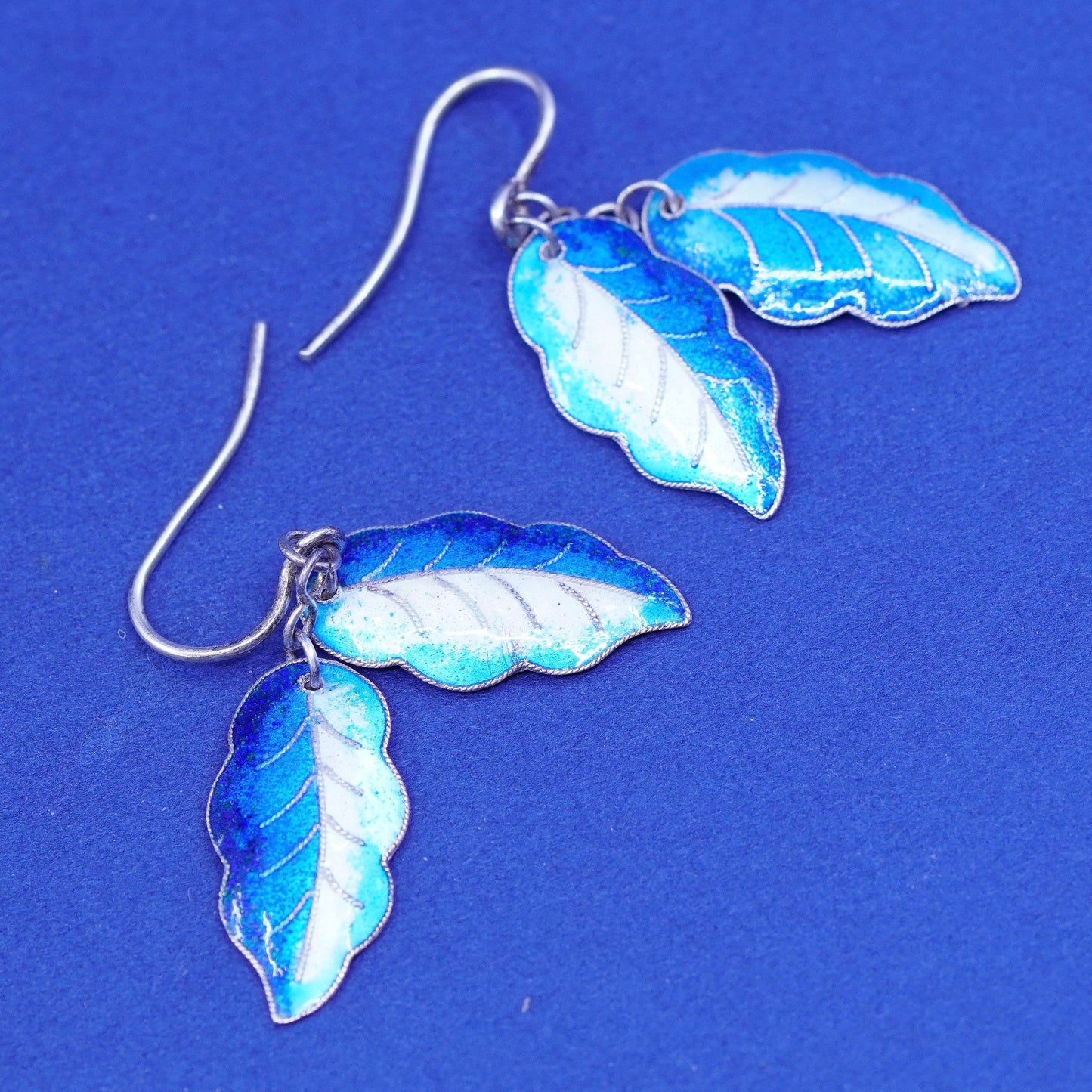 Vintage Sterling 925 silver handmade earrings, blue enamel leaves