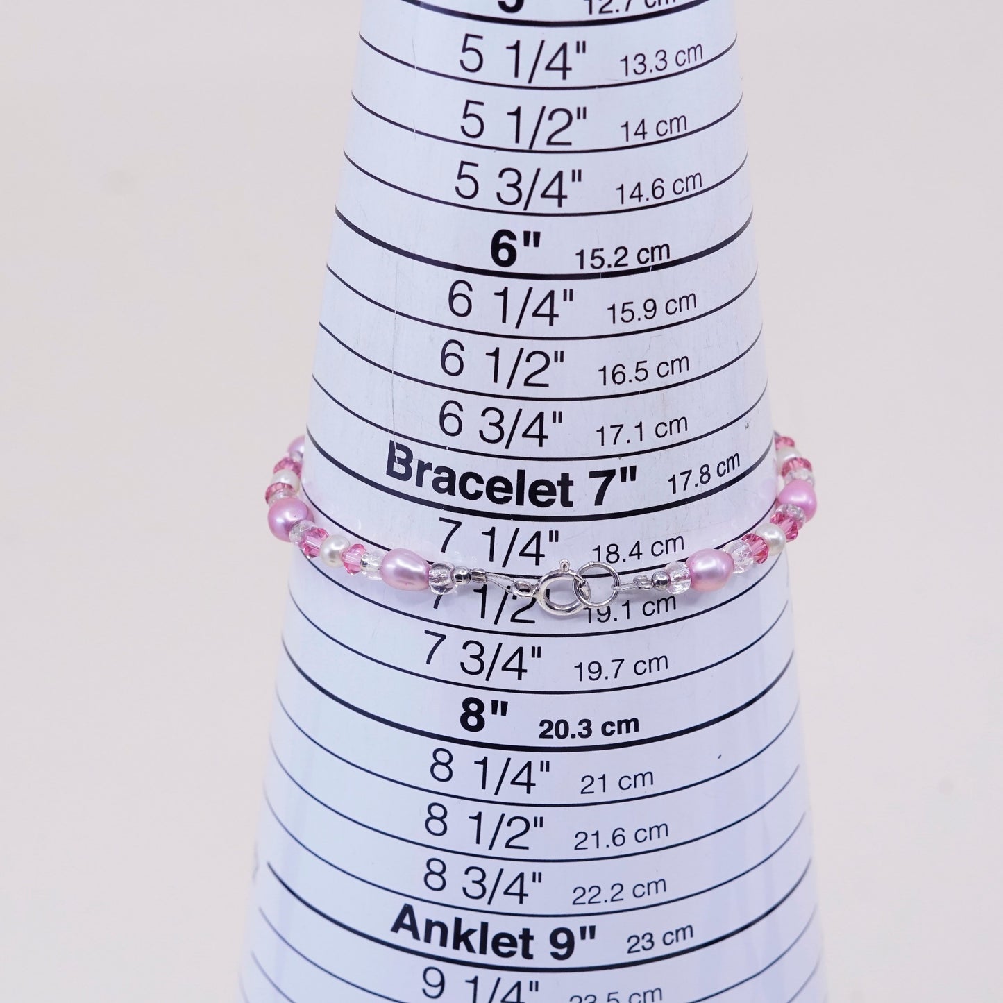 7.5”, Vintage handmade bracelet, pink pearl and crystal with 925 silver clasp