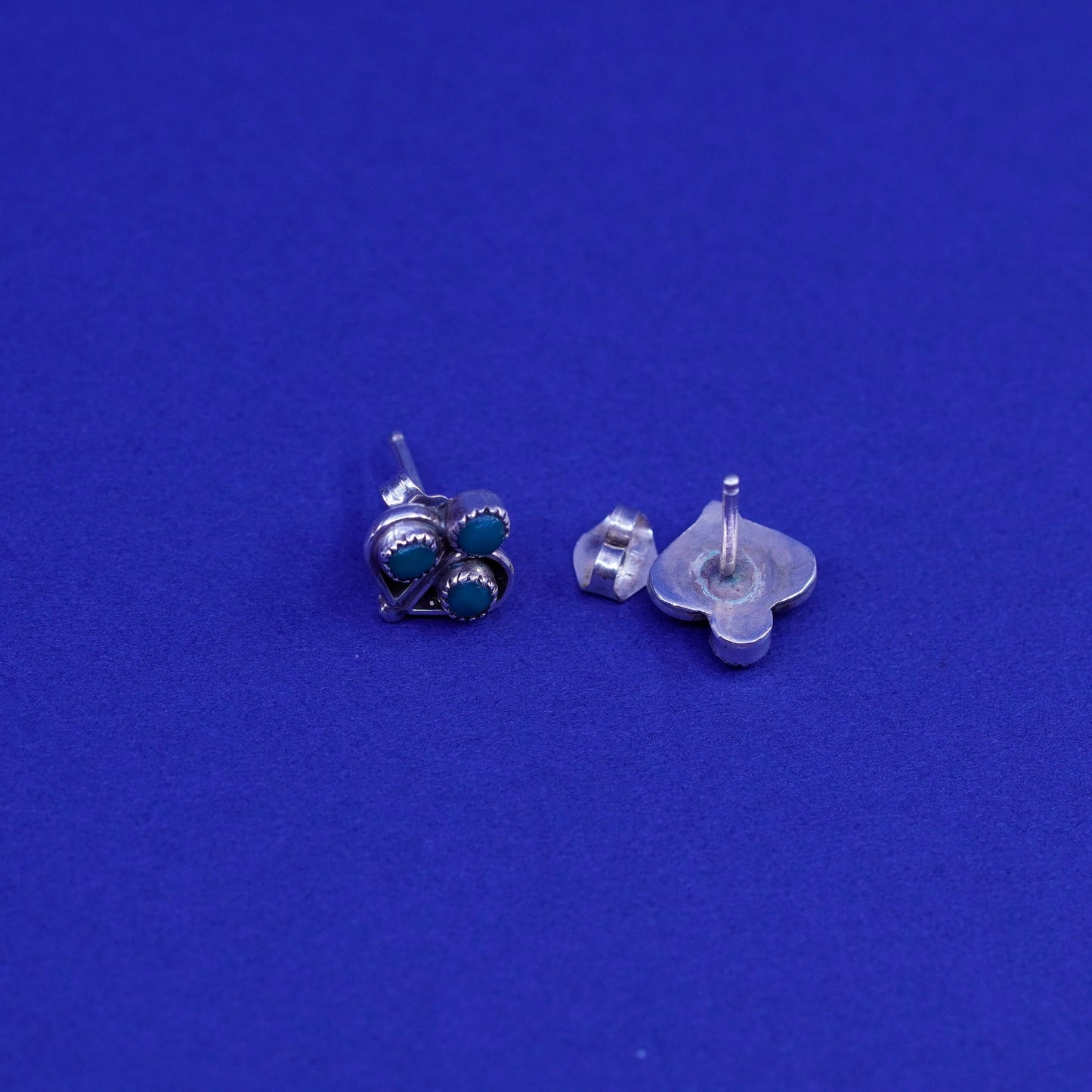 Native American sterling silver handmade earrings, 925 clover studs turquoise