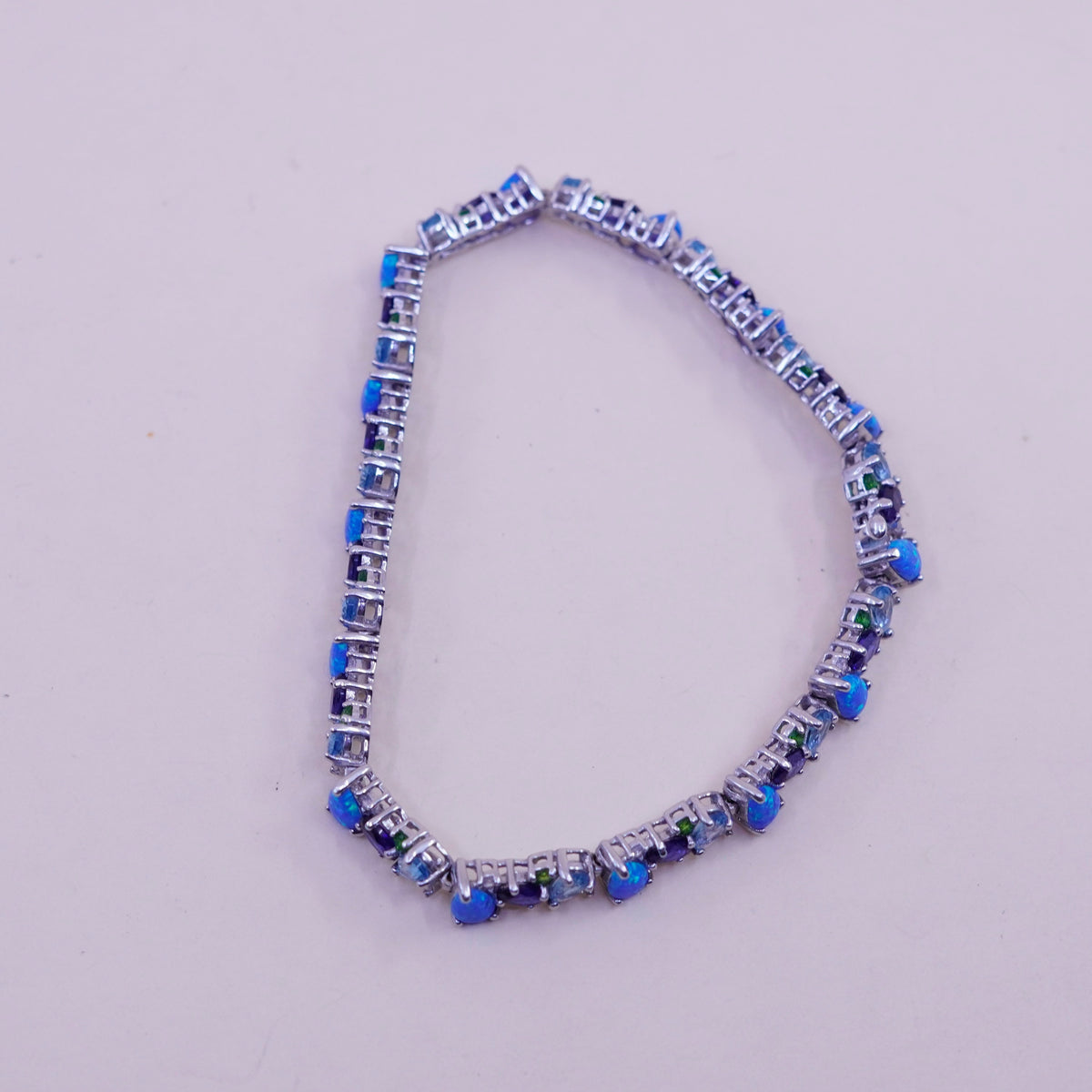 7.25”, vintage Sterling 925 silver tennis bracelet opal topaz amethyst peridot