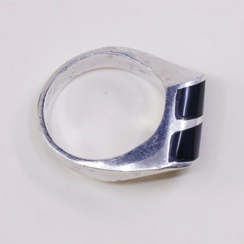 Sz 8, Vtg Sterling Silver Handmade Ring, Mexico 925 Modern Band W Obsidian Inlay