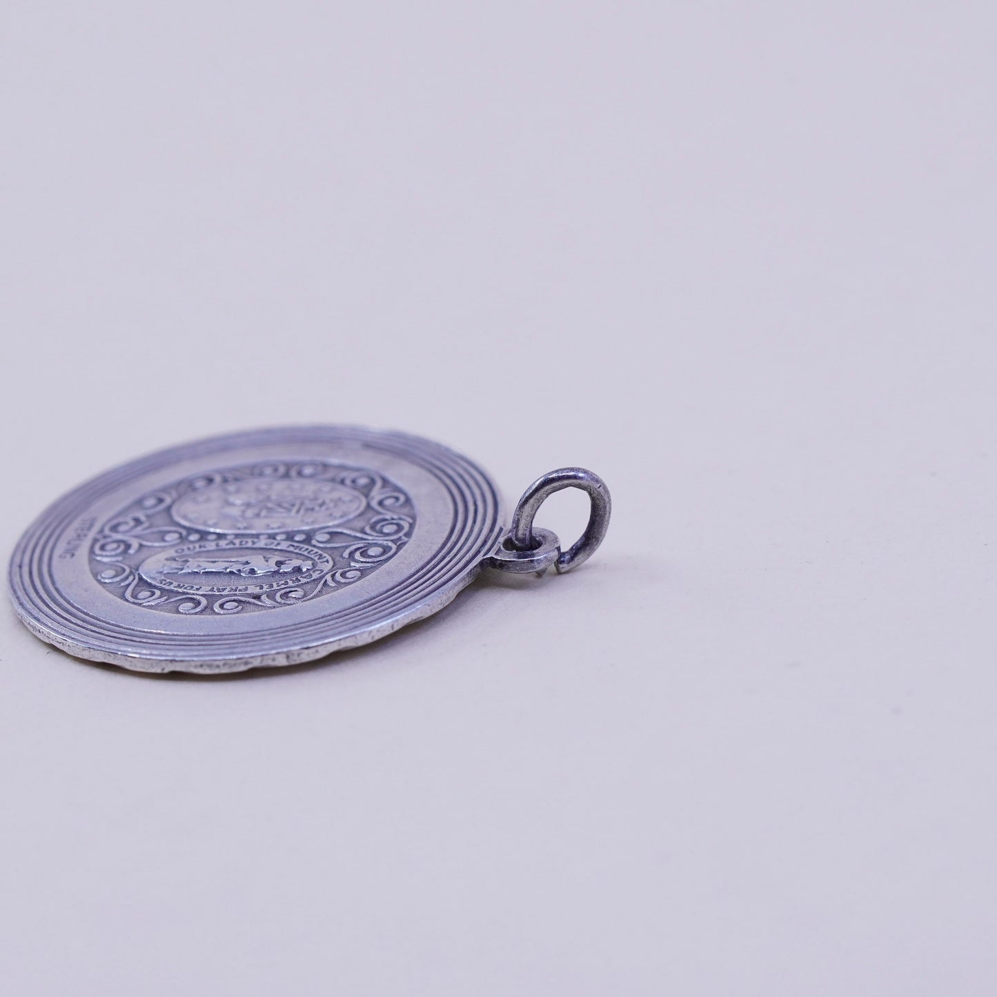 chapel sterling silver pendant, 925 circle charm embossed Jesus and virgin Mary