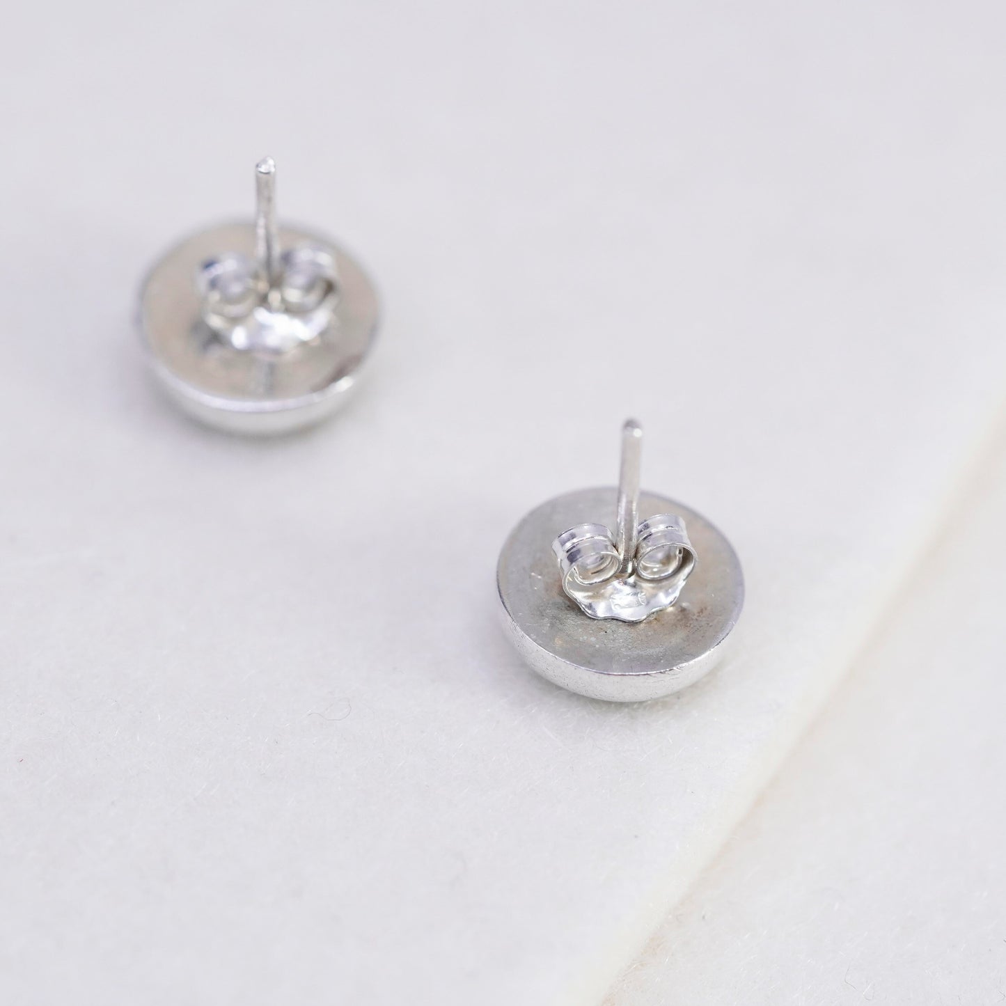 Vintage Sterling 925 silver handmade earrings, round studs with malachite