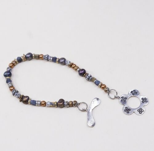 7”, Vtg Handmade Bead Bracelet, Gf Beads W/ Black Pearl W/ Flower Toggle Closure