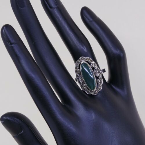 Sz 7.75, Sterling Silver handmade Ring, 925 Silver W/ Emerald n marcasite