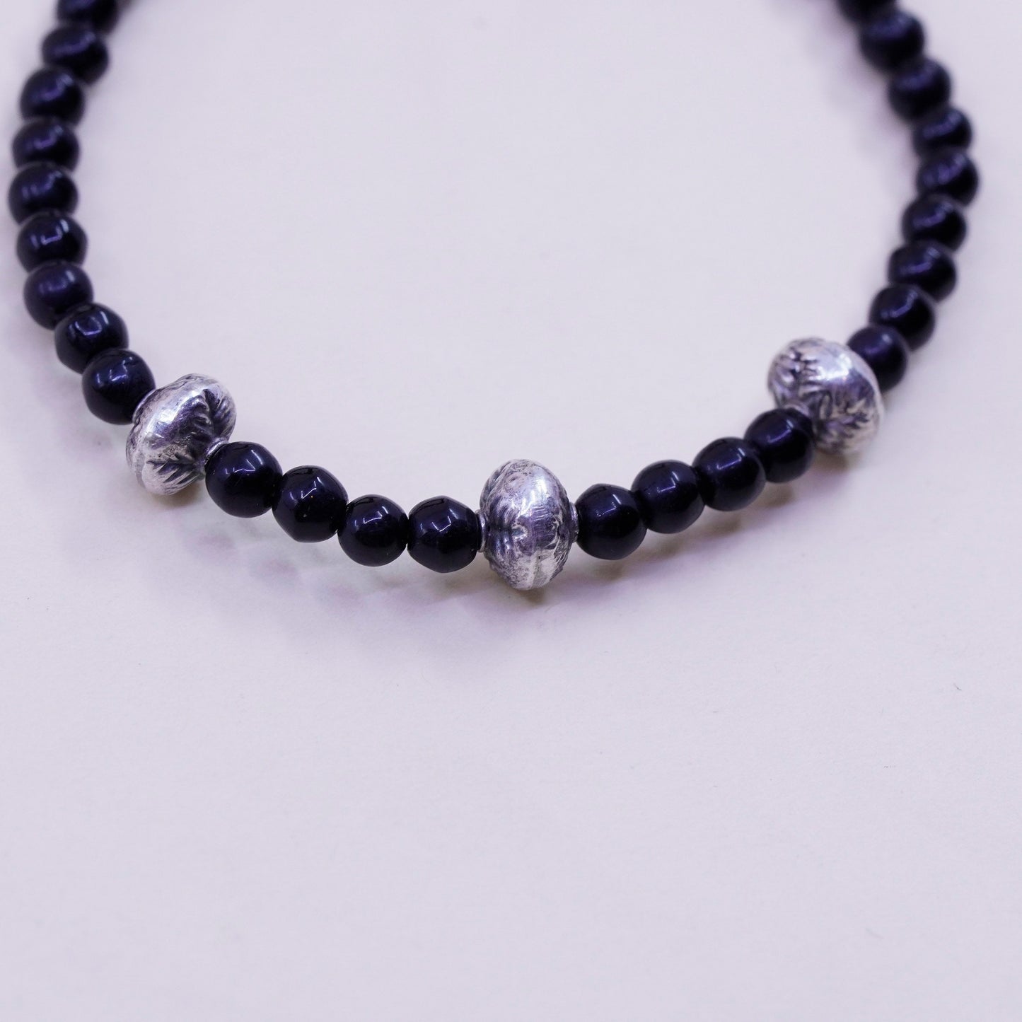 6.25”, Vintage Sterling 925 silver bracelet with obsidian beads