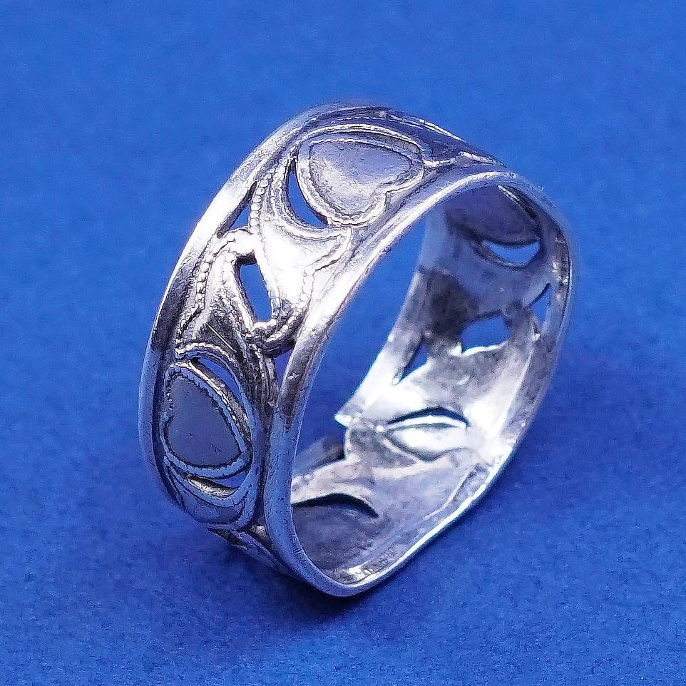 Size 5.75, vtg sterling silver handmade ring, 925 heart band, stamped sterling